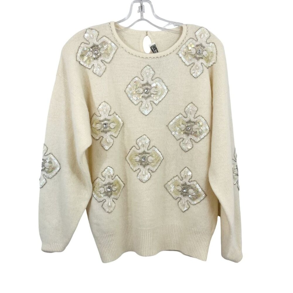 Vintage Marisa Christina Ivory Sequin Sweater Lambs Wool Angora - Size Large